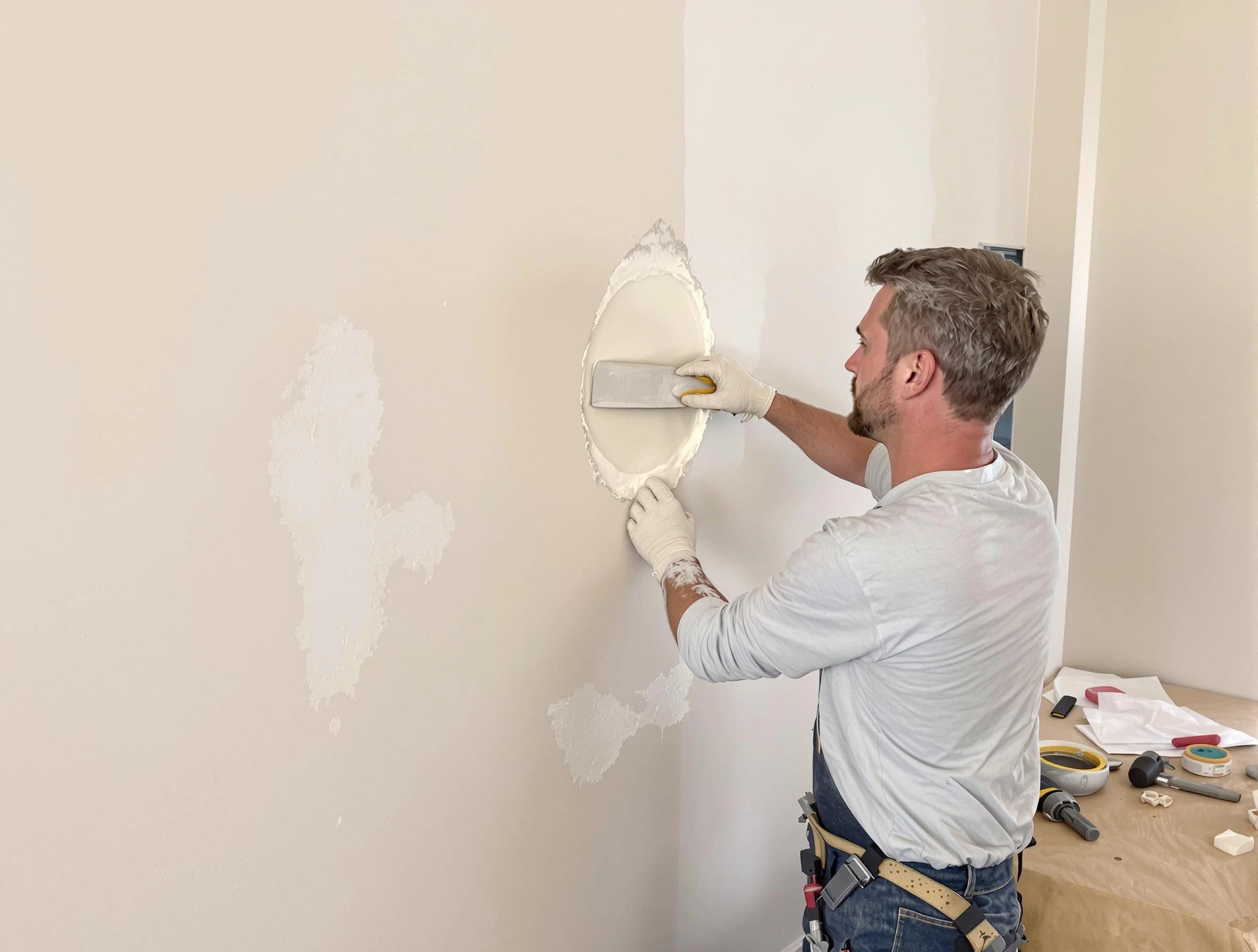 Middleburg Heights House Painters technician patching a drywall hole in Middleburg Heights, OH