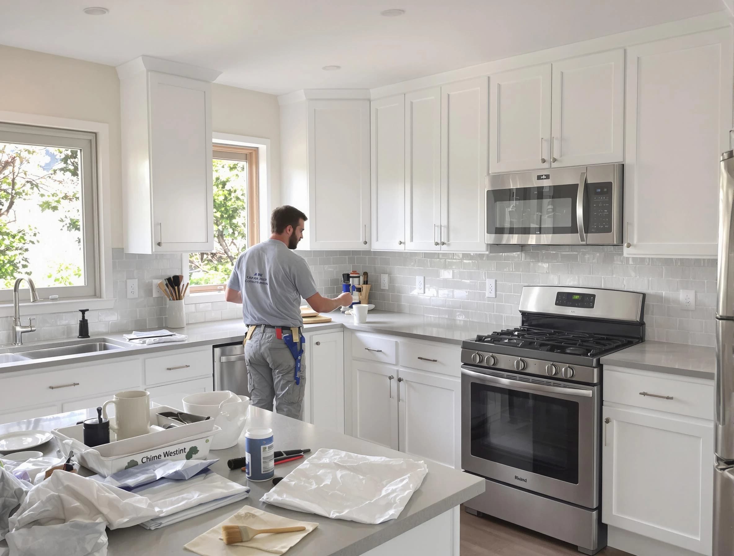 Middleburg Heights House Painters applying fresh paint on kitchen cabinets in Middleburg Heights