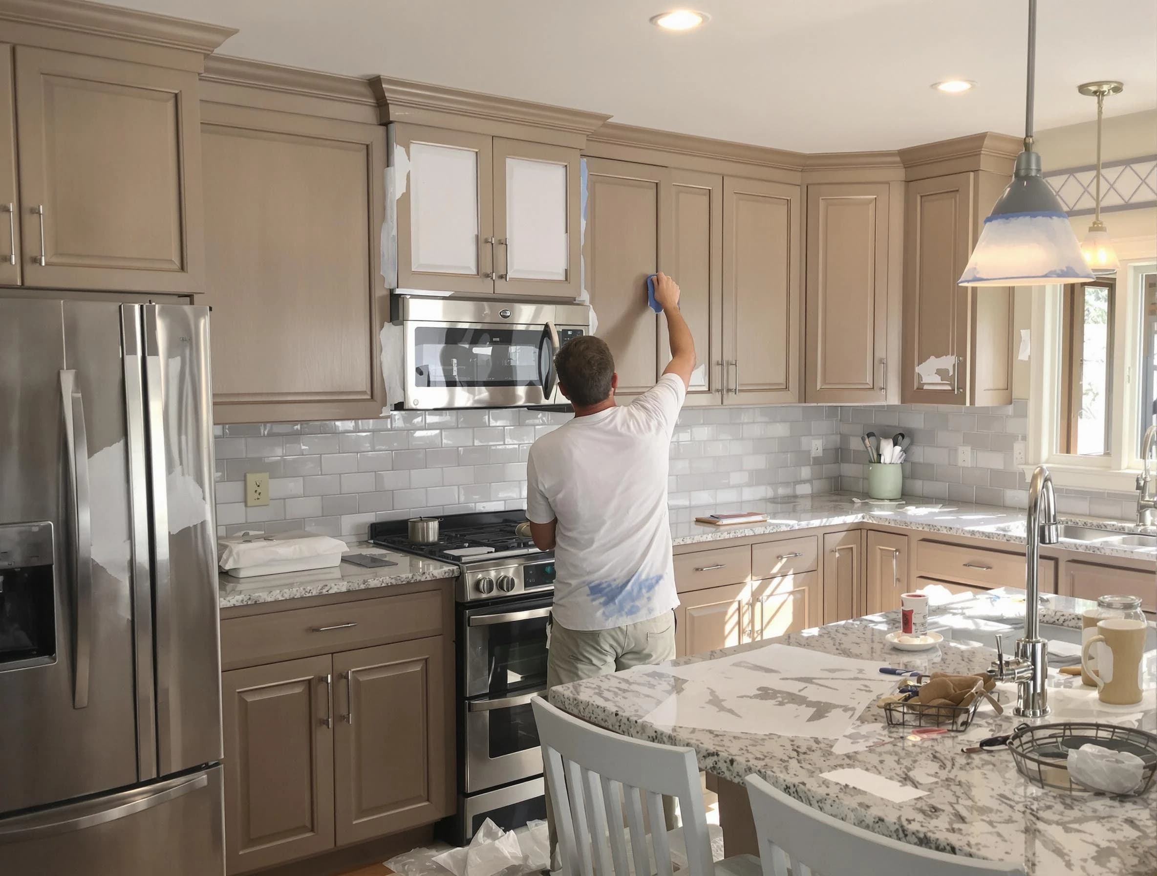 Before-and-after view of kitchen painting by Middleburg Heights House Painters in Middleburg Heights