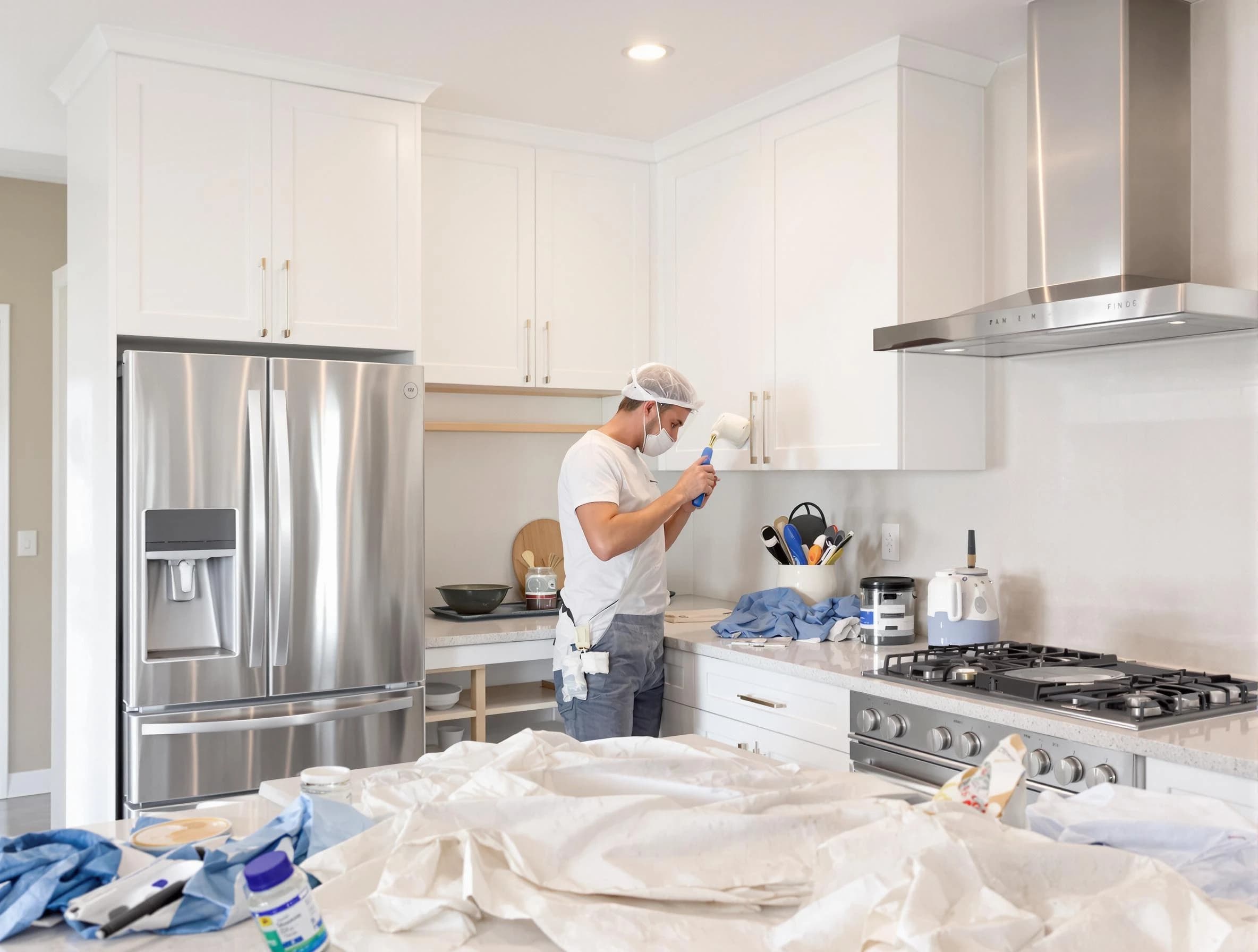 Middleburg Heights House Painters painter applying a fresh coat in a kitchen located in Middleburg Heights, OH